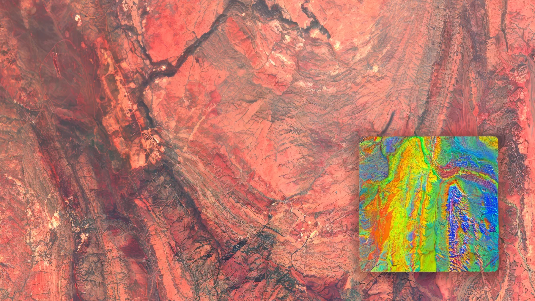 Hyperspectral overlay showing mineral patterns over terrain